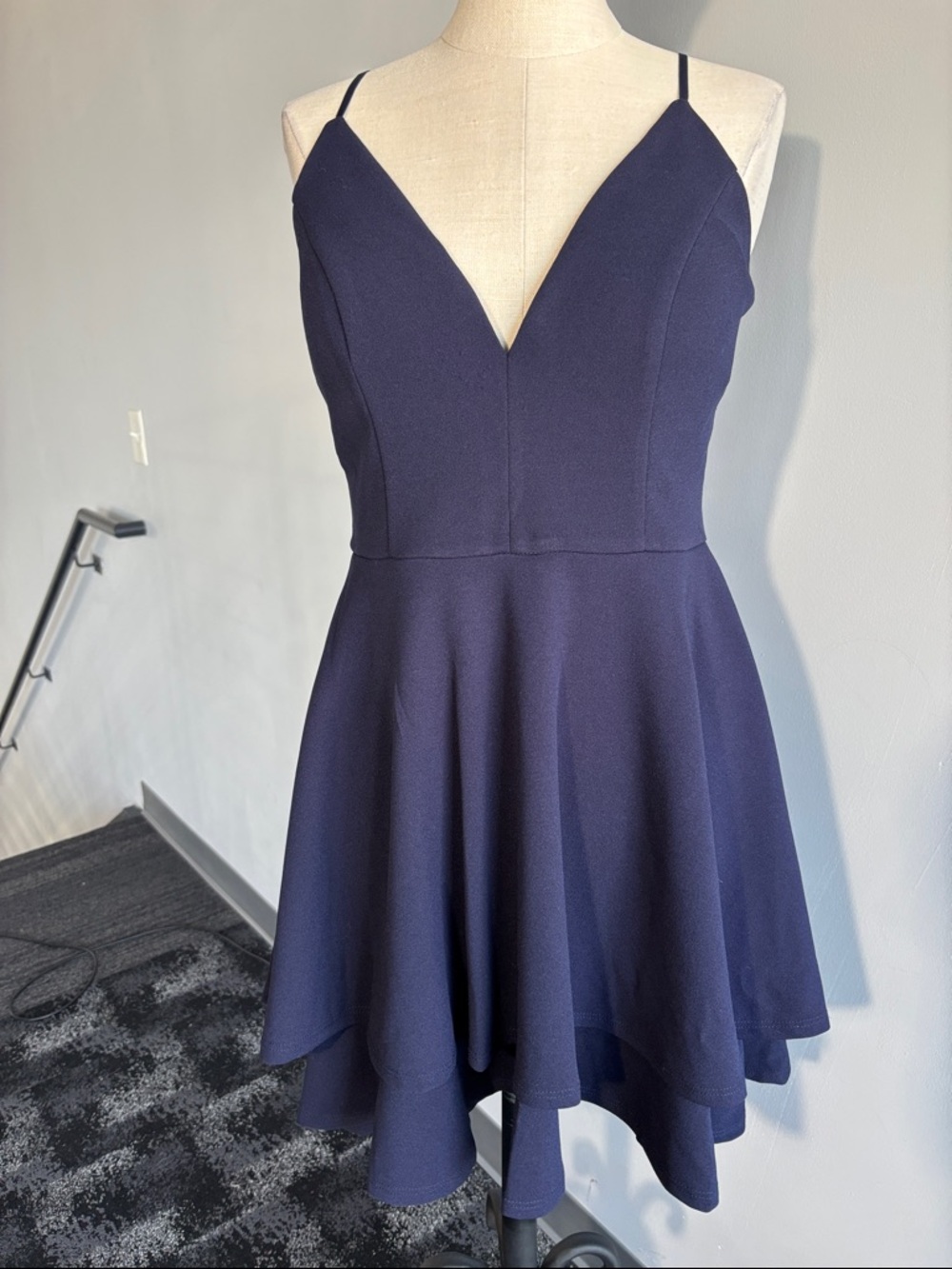 Emerald Sundae Navy Asymmetrical Spaghetti Strap Dress